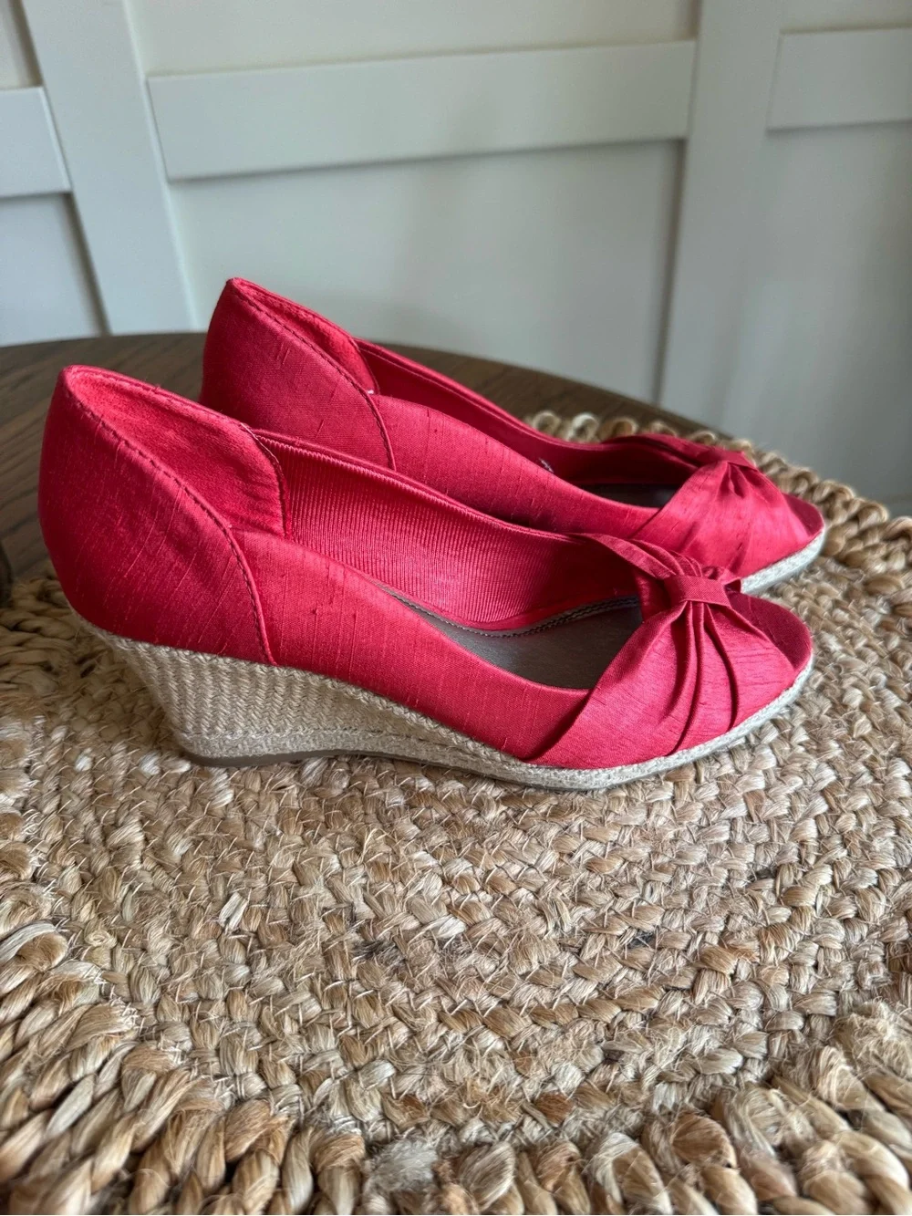 Life Stride Red Bow Peep-Toe Wedge Sandals